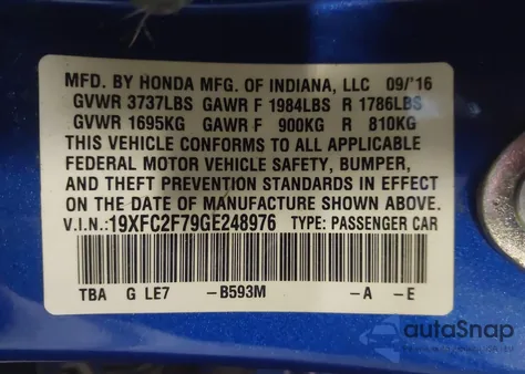 2016 Honda Civic Ex из США, поврежденный, VIN 19XFC2F79GE248976